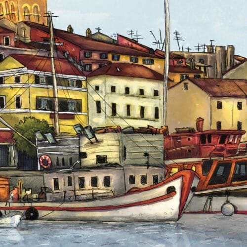Umetniška ilustracija obalnega mesta Rovinj s barvitimi hišami in ladjami v pristanišču na stenskem A3 posterju.