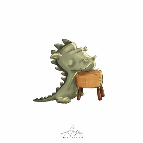 Prikupna ilustracija zelenega dinozavra ob usnjeni telovadni kozi na stenskem A3 posterju.
