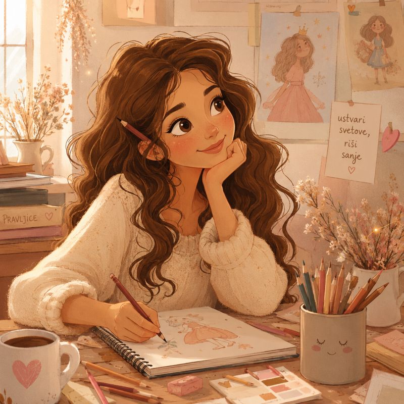 Pravljična ilustracija mlade ilustratorke z dolgimi rjavimi kodri, ki riše v svojem ustvarjalnem kotičku znamke Mausi.